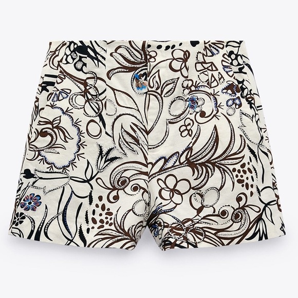 NWOT. Zara Cream/Ecru Printed Jewel High Waisted Shorts. Size S. - Picture 4 of 7